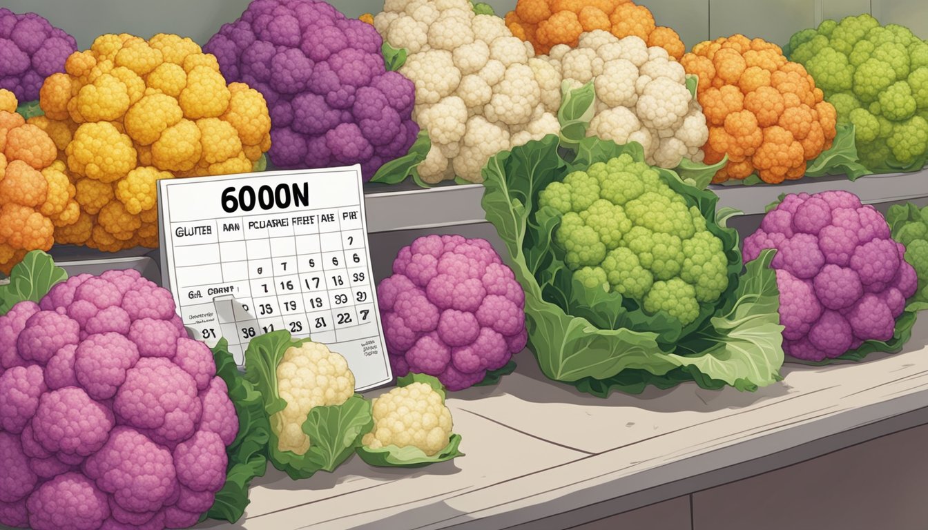 A colorful array of fresh cauliflower florets, some gluten-free, sit on a shelf. A calendar nearby displays varying expiration dates