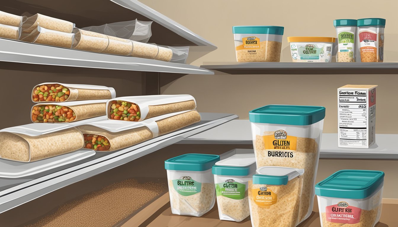 A pantry shelf with neatly organized gluten-free burritos in their packaging, alongside labeled containers of frozen burritos