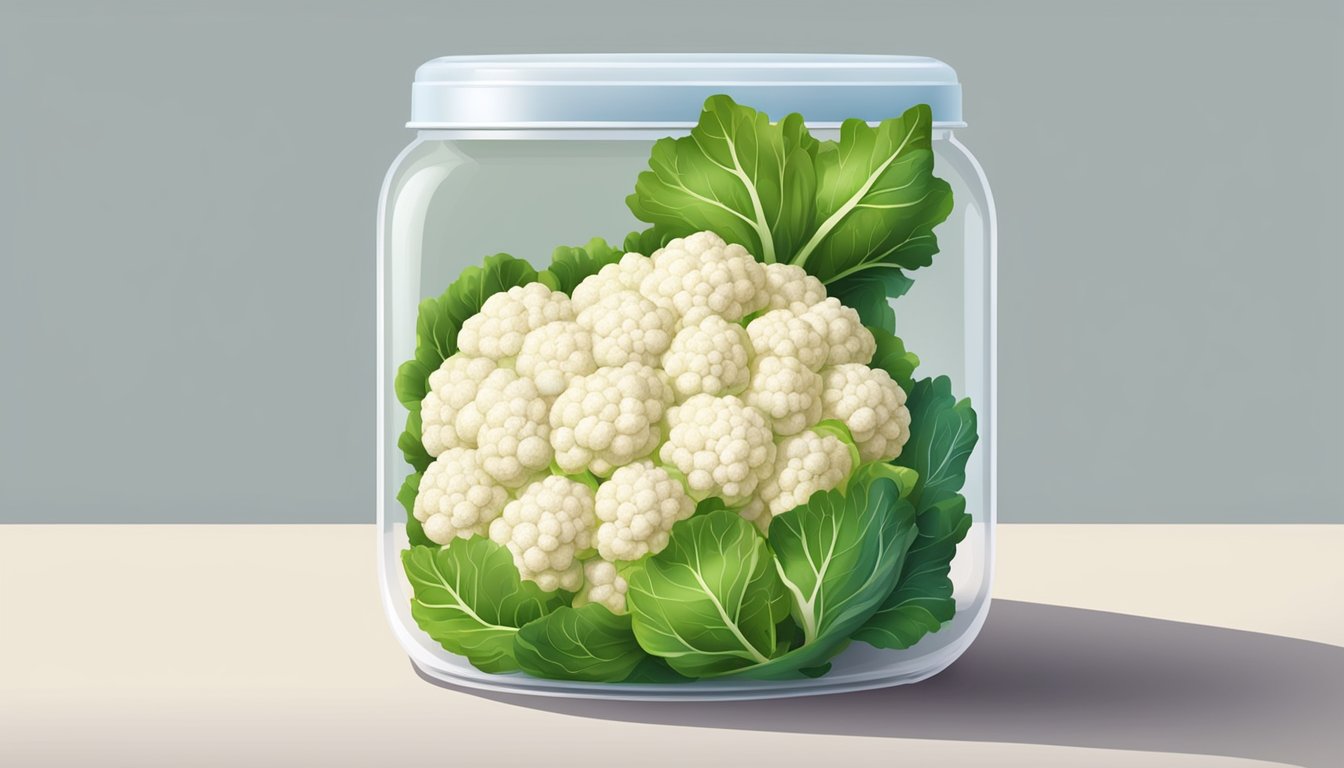 Fresh cauliflower florets in a sealed container, stored in the refrigerator