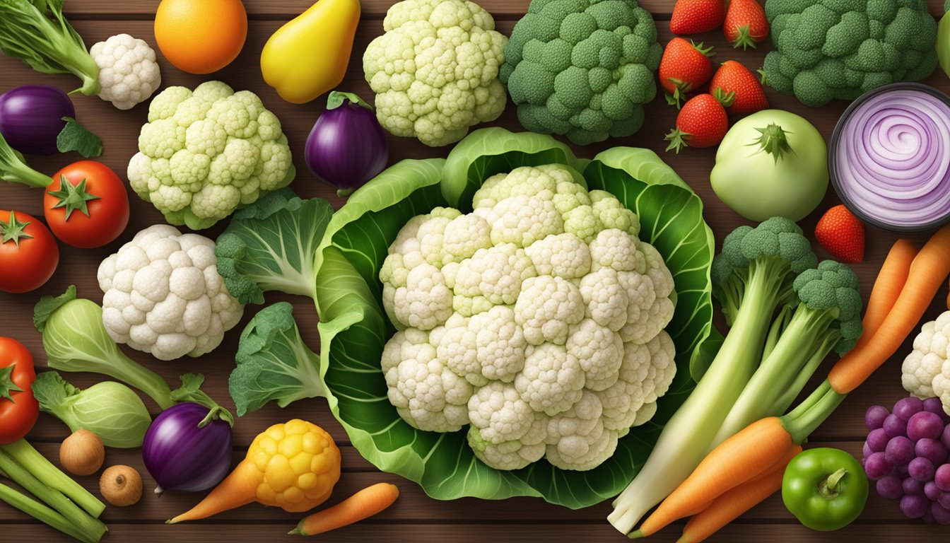 A colorful array of fresh cauliflower florets, neatly arranged on a wooden cutting board, surrounded by vibrant fruits and vegetables, with a label indicating "gluten-free."