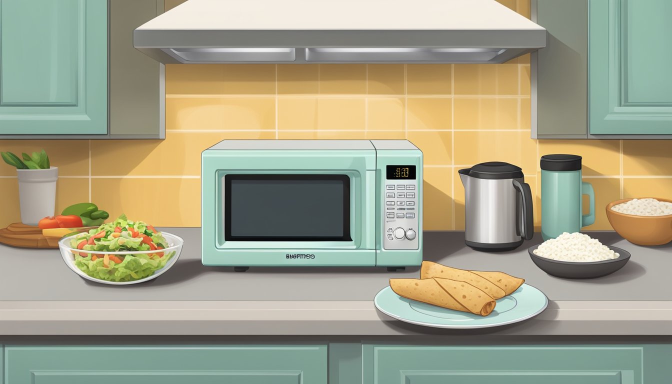 A kitchen counter with a microwave and a plate of gluten-free burritos, along with a timer set for reheating