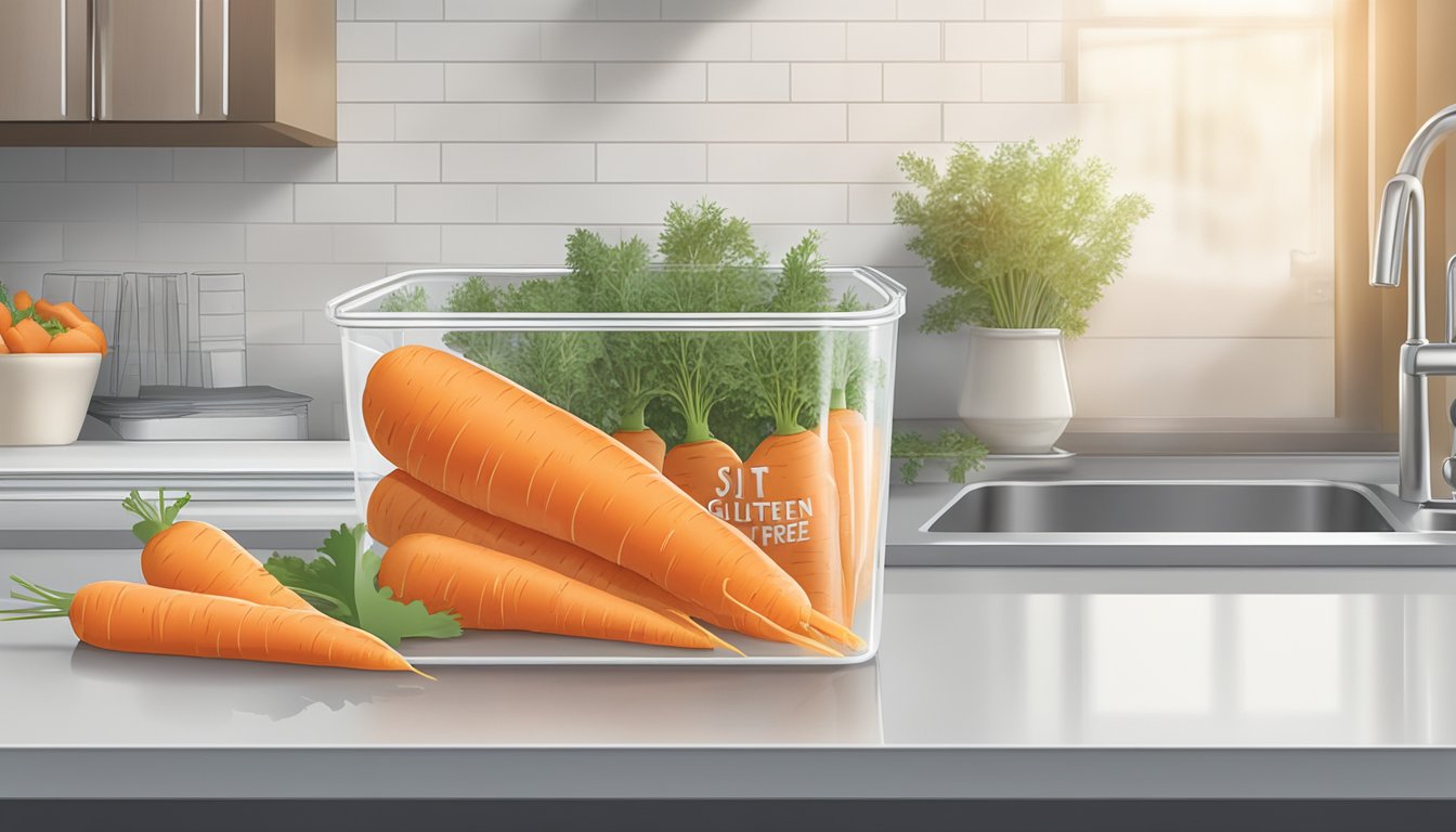 Fresh carrots in a clear, airtight container, labeled "gluten-free," sit on a kitchen counter next to a calendar showing the current date