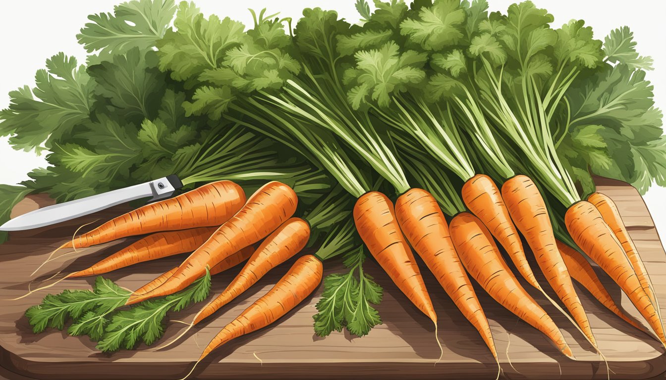 A bunch of fresh, vibrant carrots with green leafy tops, resting on a wooden cutting board with a knife beside them