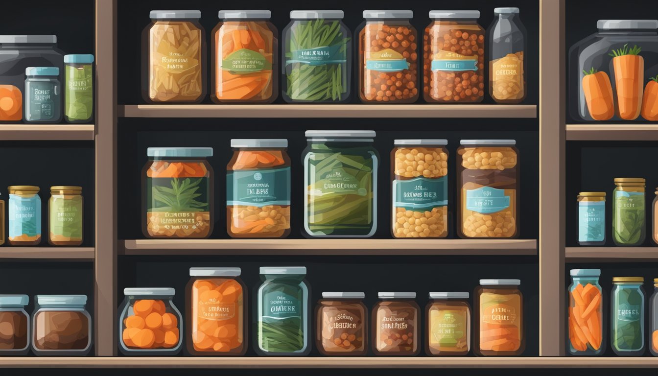 A pantry with shelves of canned and jarred goods, including a bundle of fresh gluten-free carrots in a cool, dark corner