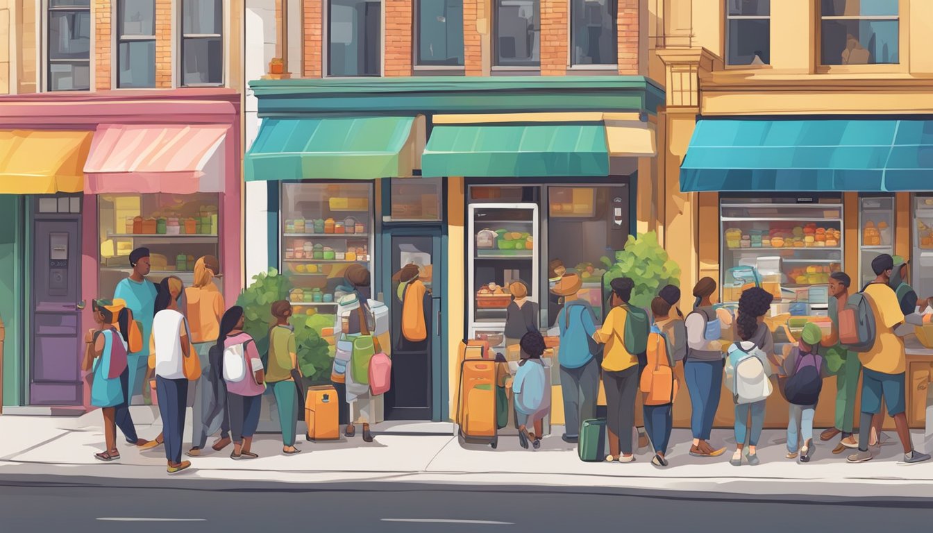 A bustling street corner with a colorful, decorated fridge surrounded by people donating and taking food. Nearby signs display community fridge guidelines