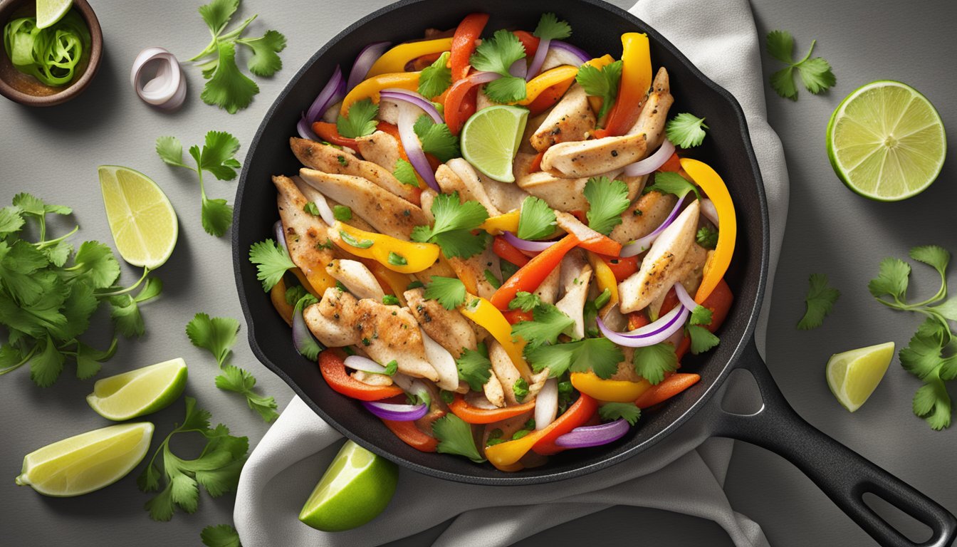 A sizzling skillet of gluten-free chicken fajitas, with colorful bell peppers and onions, topped with fresh cilantro and lime wedges