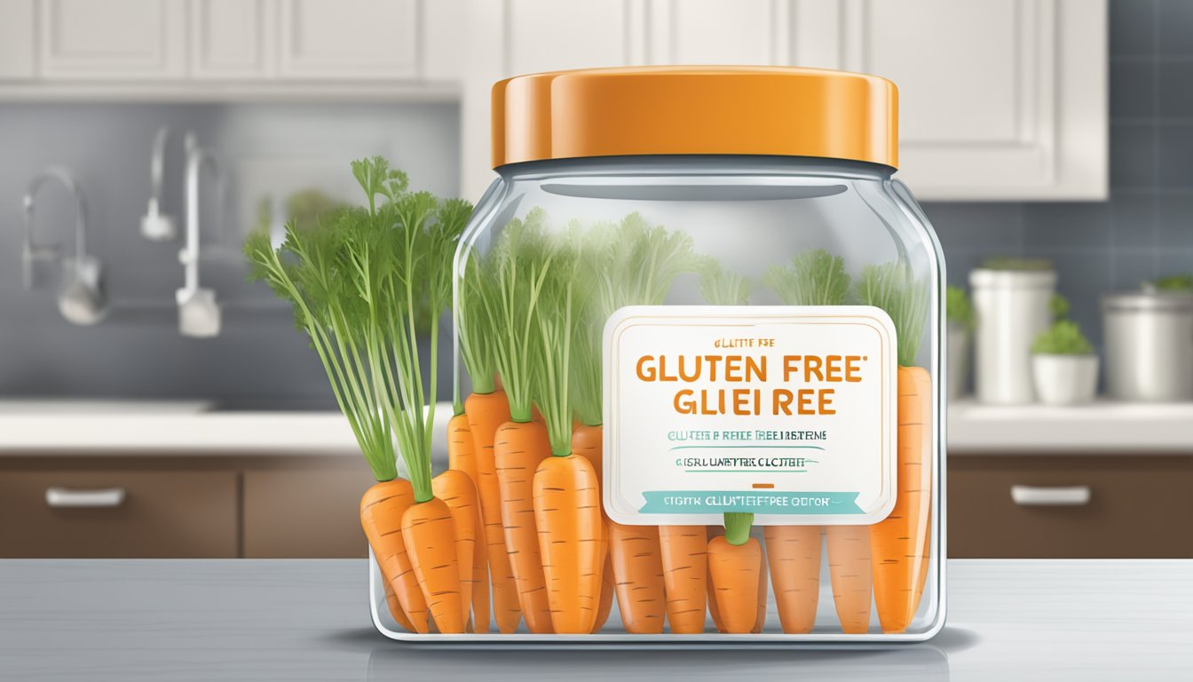 Fresh carrots in a glass container, sealed and labeled "gluten-free," sitting on a kitchen counter