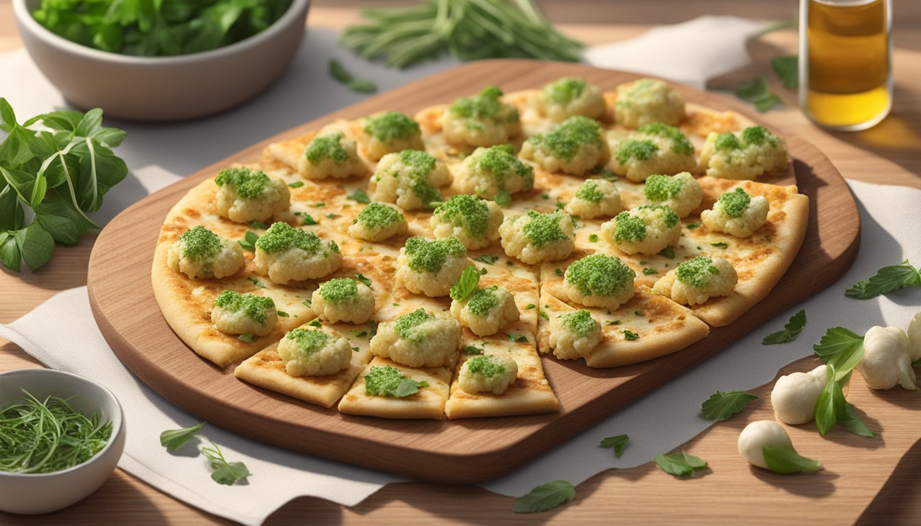 A plate of golden-brown cauliflower pizza bites sits on a wooden cutting board, surrounded by fresh herbs and a sprinkle of Parmesan cheese