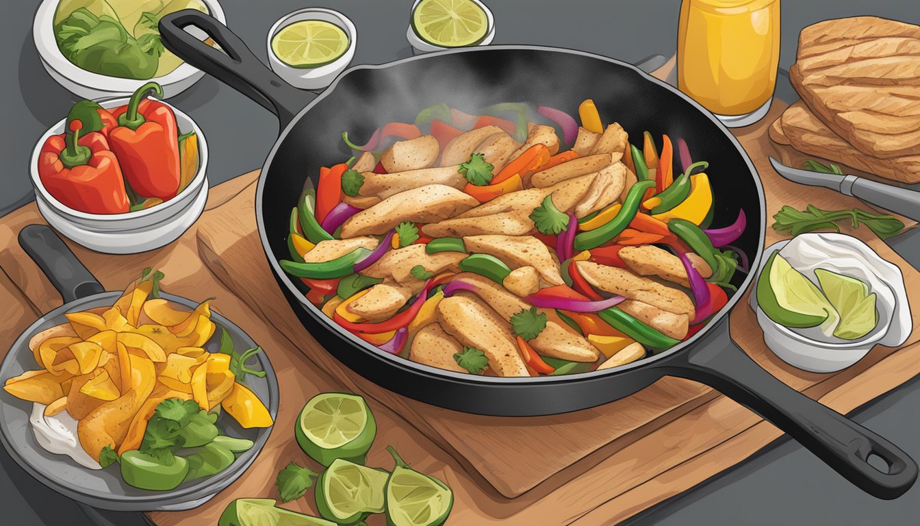 A sizzling skillet of gluten-free chicken fajitas being prepared and cooked on a stovetop, with colorful bell peppers and onions sizzling alongside the seasoned chicken strips