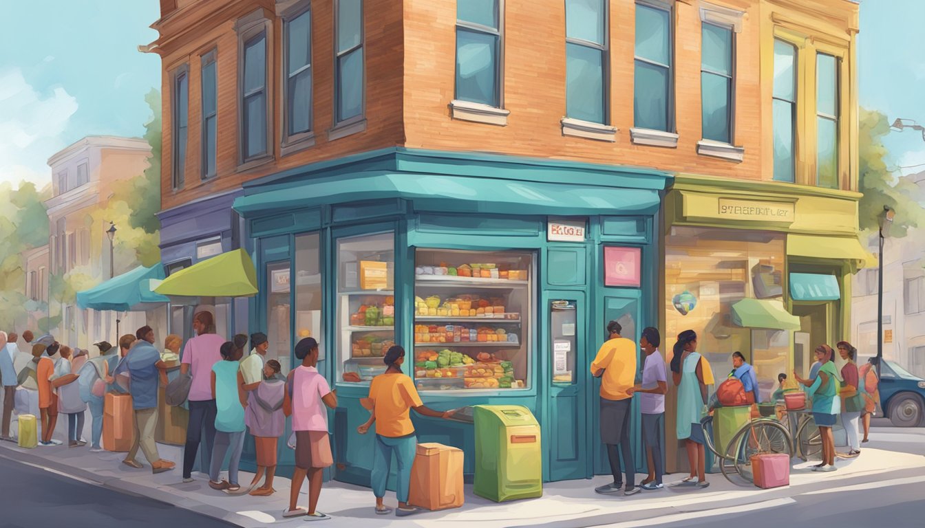 A bustling street corner with a colorful community fridge surrounded by people donating and taking food