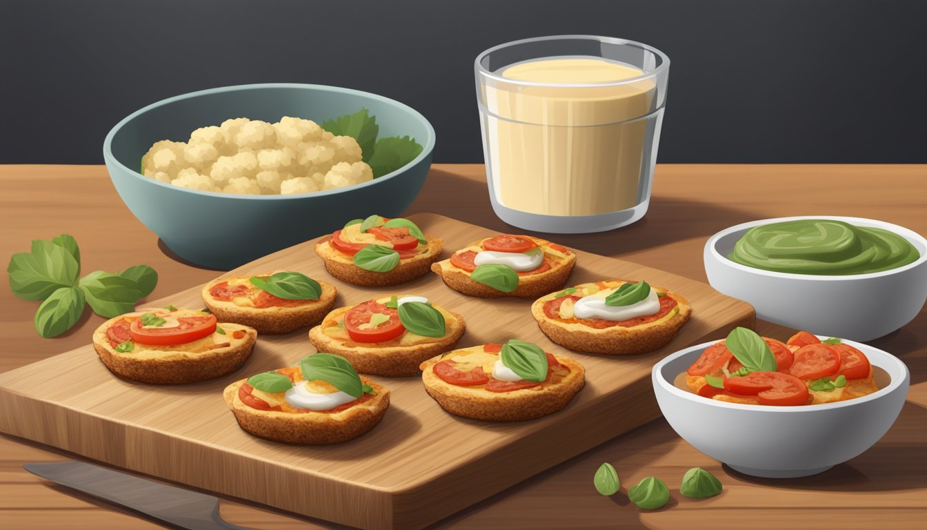 A plate of gluten-free cauliflower crust pizza bites, customized with various toppings, sits on a wooden cutting board next to a small bowl of dipping sauce