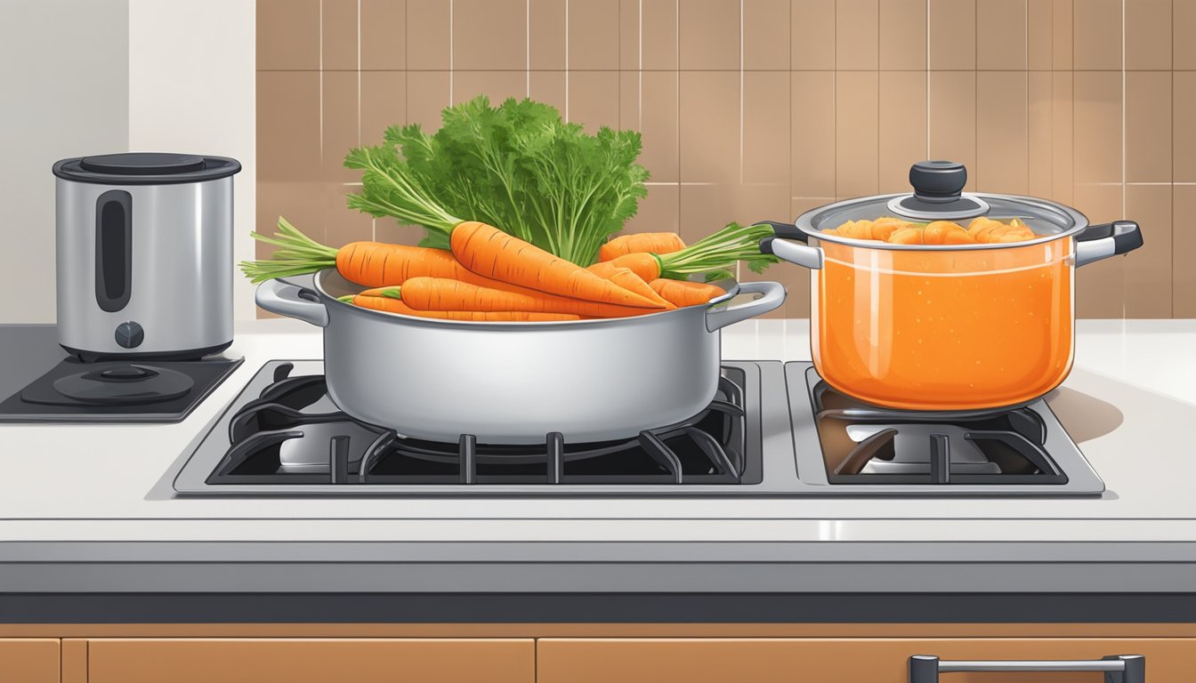 Fresh carrots being washed and chopped on a clean cutting board, with a pot of boiling water on the stove in the background