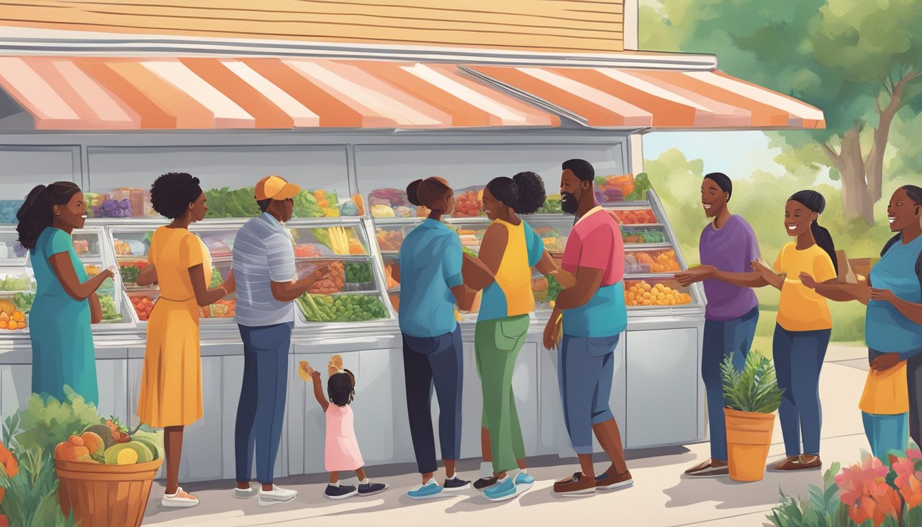 A diverse group of people from the Chesapeake community gather around a brightly colored community fridge, exchanging food and goods with one another