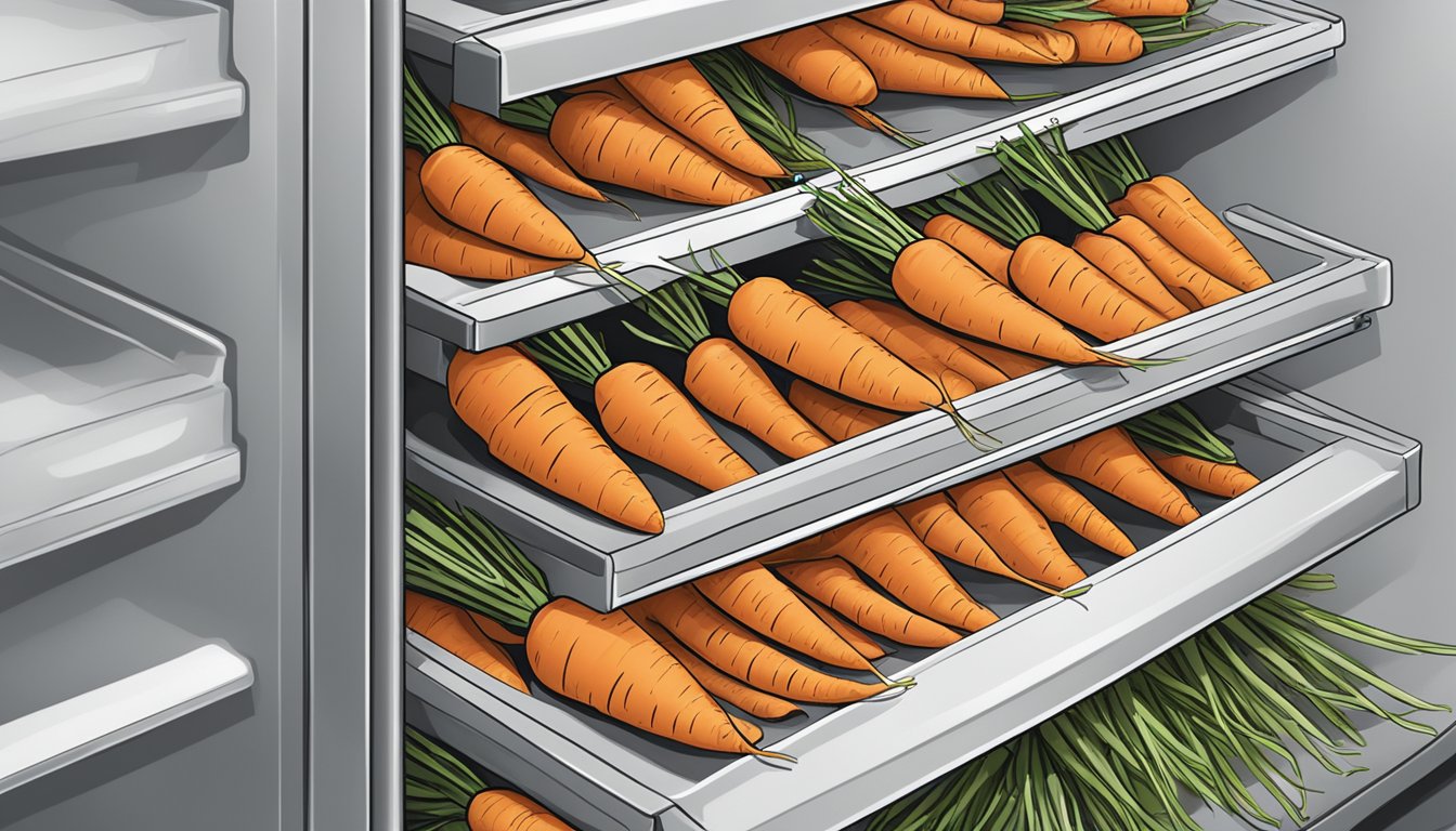 A bunch of fresh carrots stored in a refrigerator with a "gluten-free" label