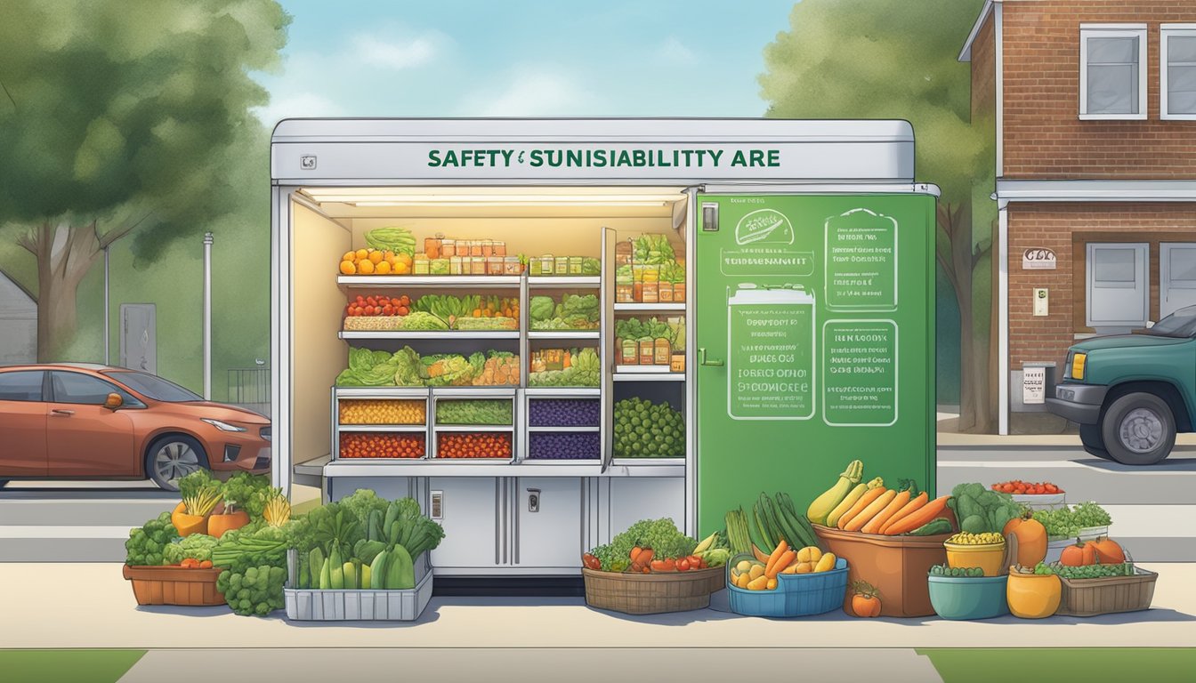 A community fridge surrounded by diverse local produce, with a sign promoting safety and sustainability in Chesapeake, VA