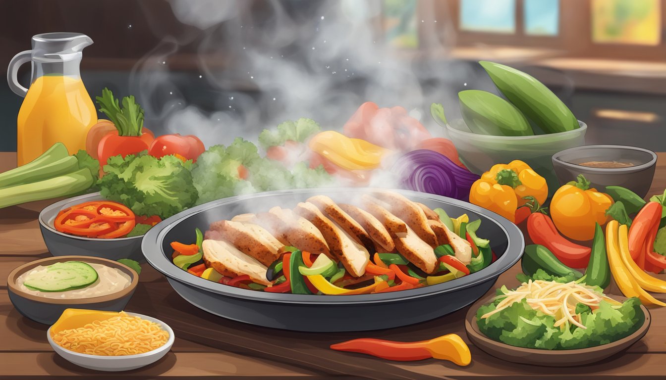 A plate of gluten-free chicken fajitas surrounded by colorful vegetables and garnishes, with steam rising from the sizzling meat