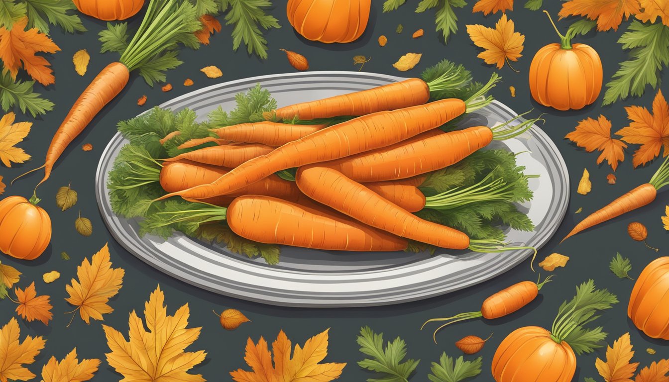 A bountiful harvest of vibrant orange carrots, surrounded by autumn leaves and traditional cultural symbols