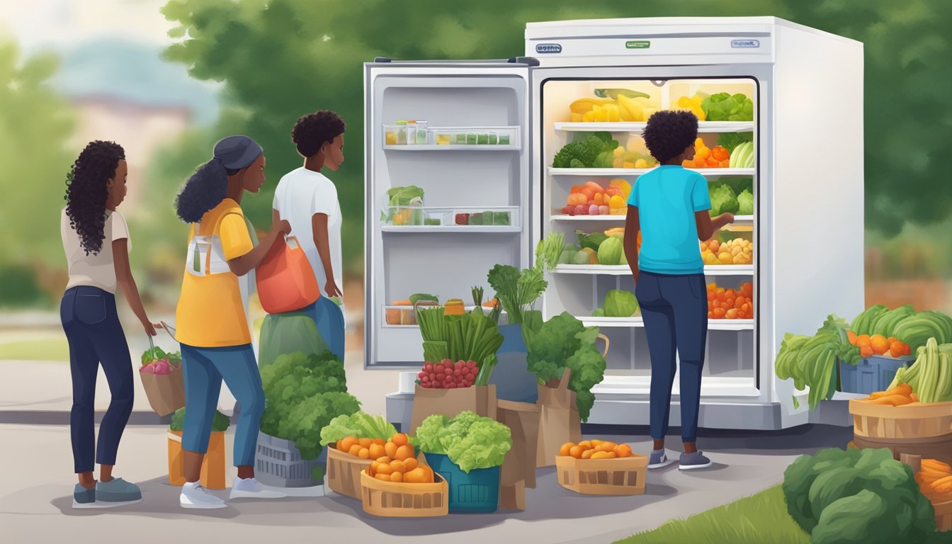 A group of volunteers stock a community fridge with fresh produce and food items in a neighborhood setting