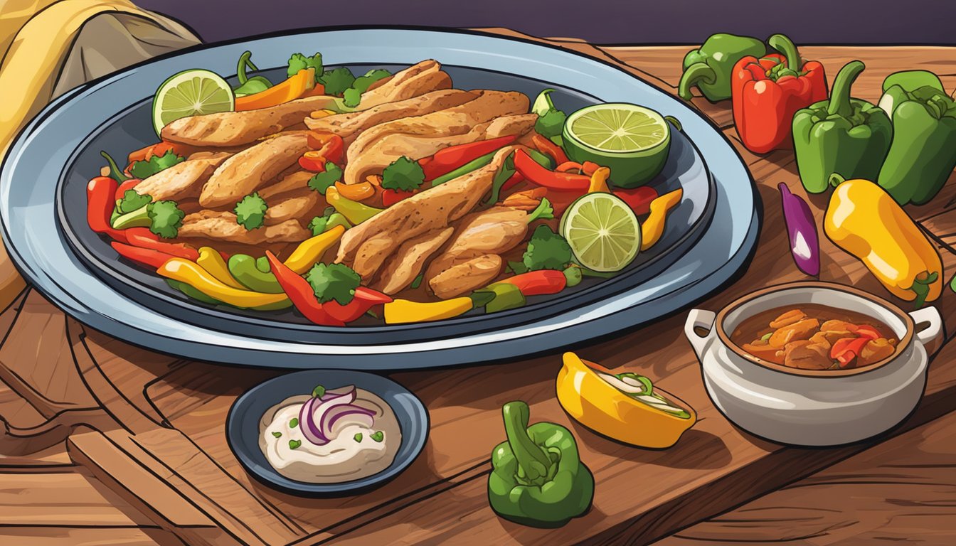 A plate of sizzling gluten-free chicken fajitas sits on a wooden table, surrounded by colorful peppers and onions. Steam rises from the dish, indicating its freshness