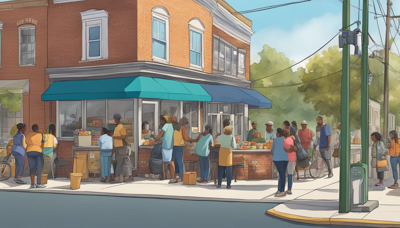 A bustling street corner in Chesapeake, VA, with a community fridge surrounded by diverse individuals exchanging food and conversation