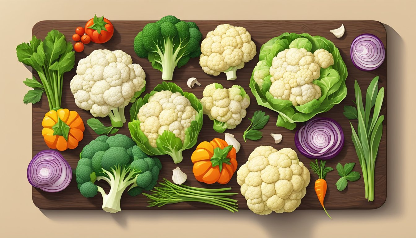 A colorful array of fresh cauliflower steaks arranged on a wooden cutting board, surrounded by vibrant vegetables and herbs