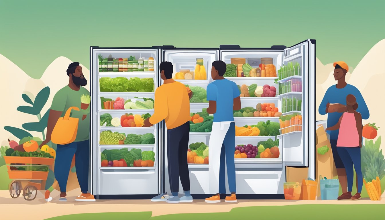 A colorful local community fridge filled with fresh produce and food items, surrounded by a diverse group of people accessing and contributing to it