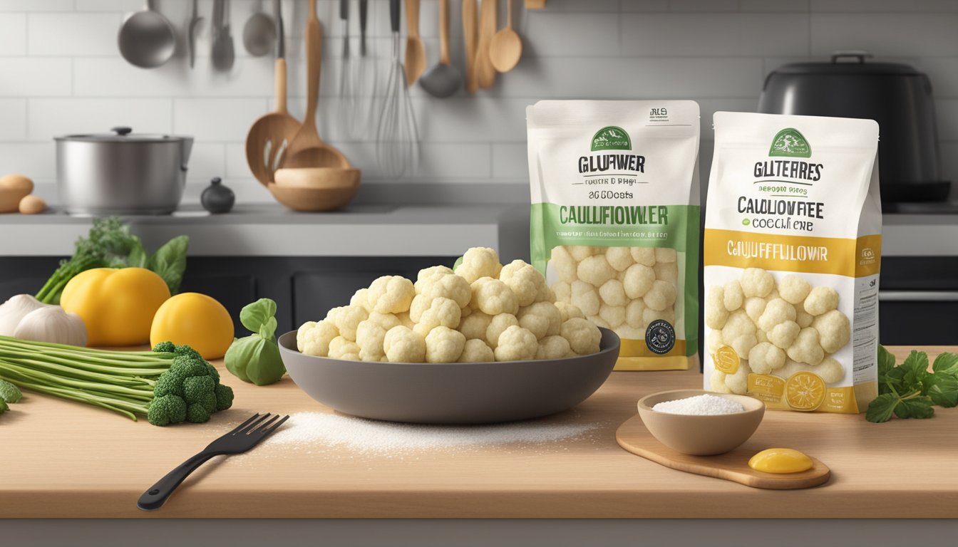 A package of gluten-free cauliflower gnocchi sits on a kitchen counter, surrounded by fresh ingredients and cooking utensils. Its expiration date is clearly visible on the packaging