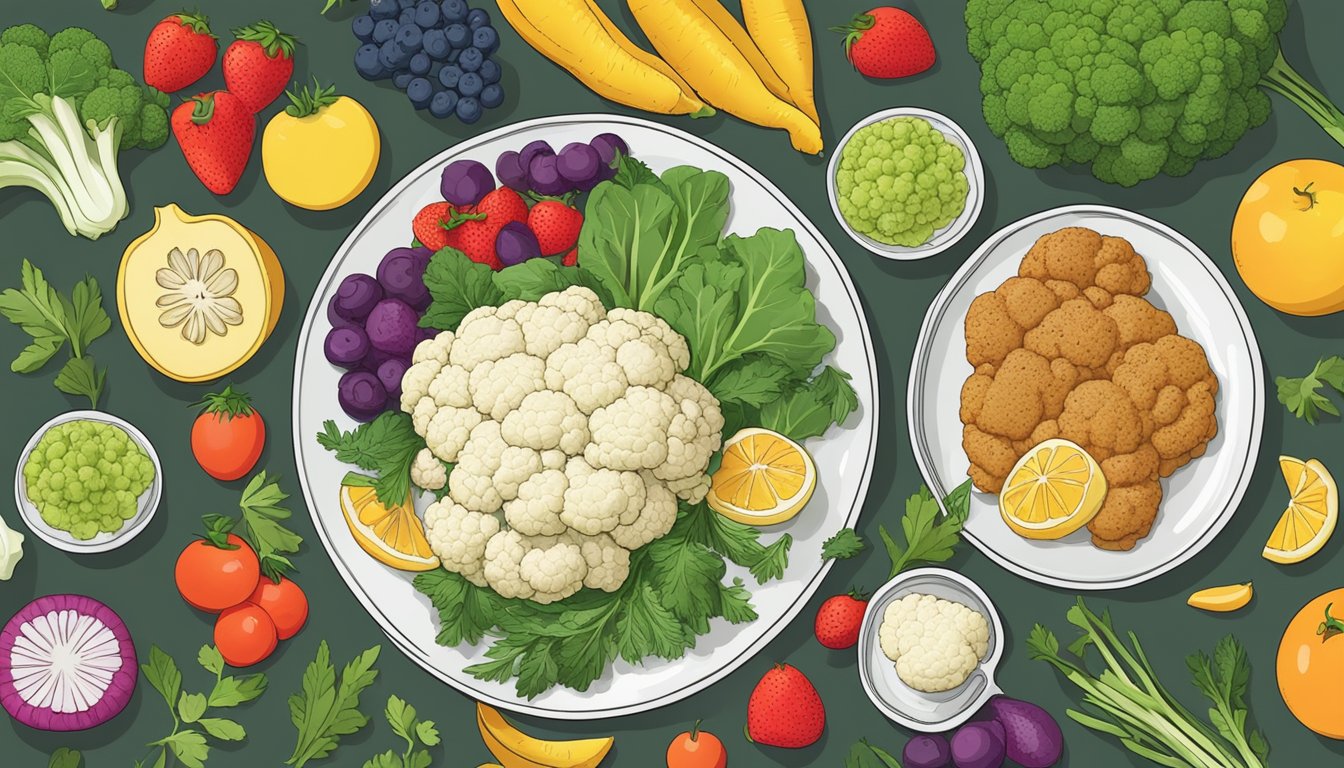 A plate of gluten-free cauliflower steaks surrounded by fresh vegetables, herbs, and a variety of colorful fruits