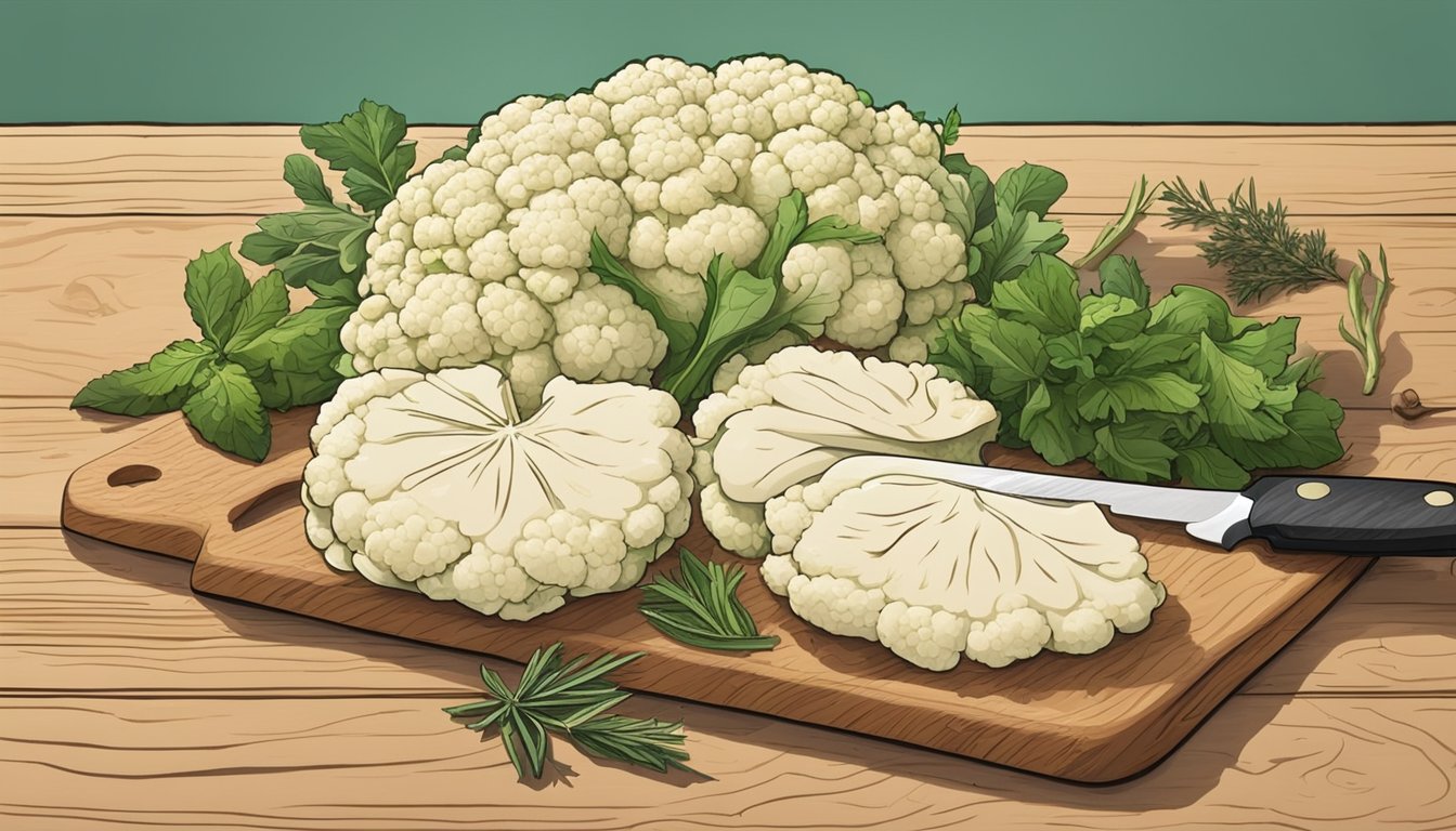 A cutting board with sliced cauliflower steaks, a knife, and various herbs and spices scattered around, with a clock in the background showing the passage of time