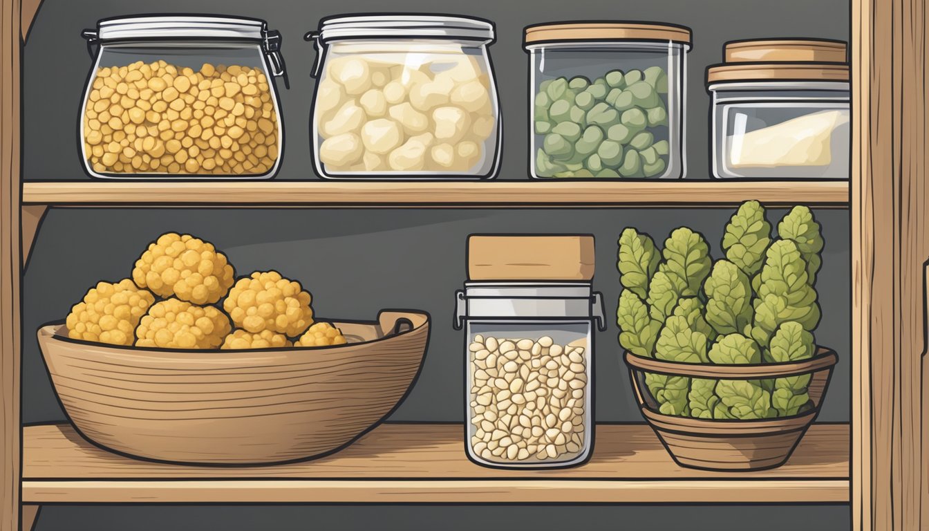 A pantry shelf with a sealed container of gluten-free cauliflower gnocchi alongside other dry goods