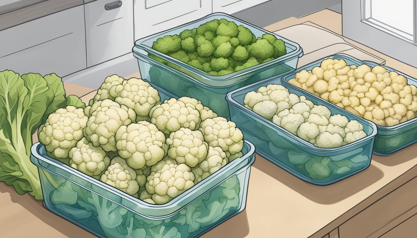 A stack of gluten-free cauliflower steaks neatly arranged in an airtight container, surrounded by various storage essentials such as reusable bags and labeled containers