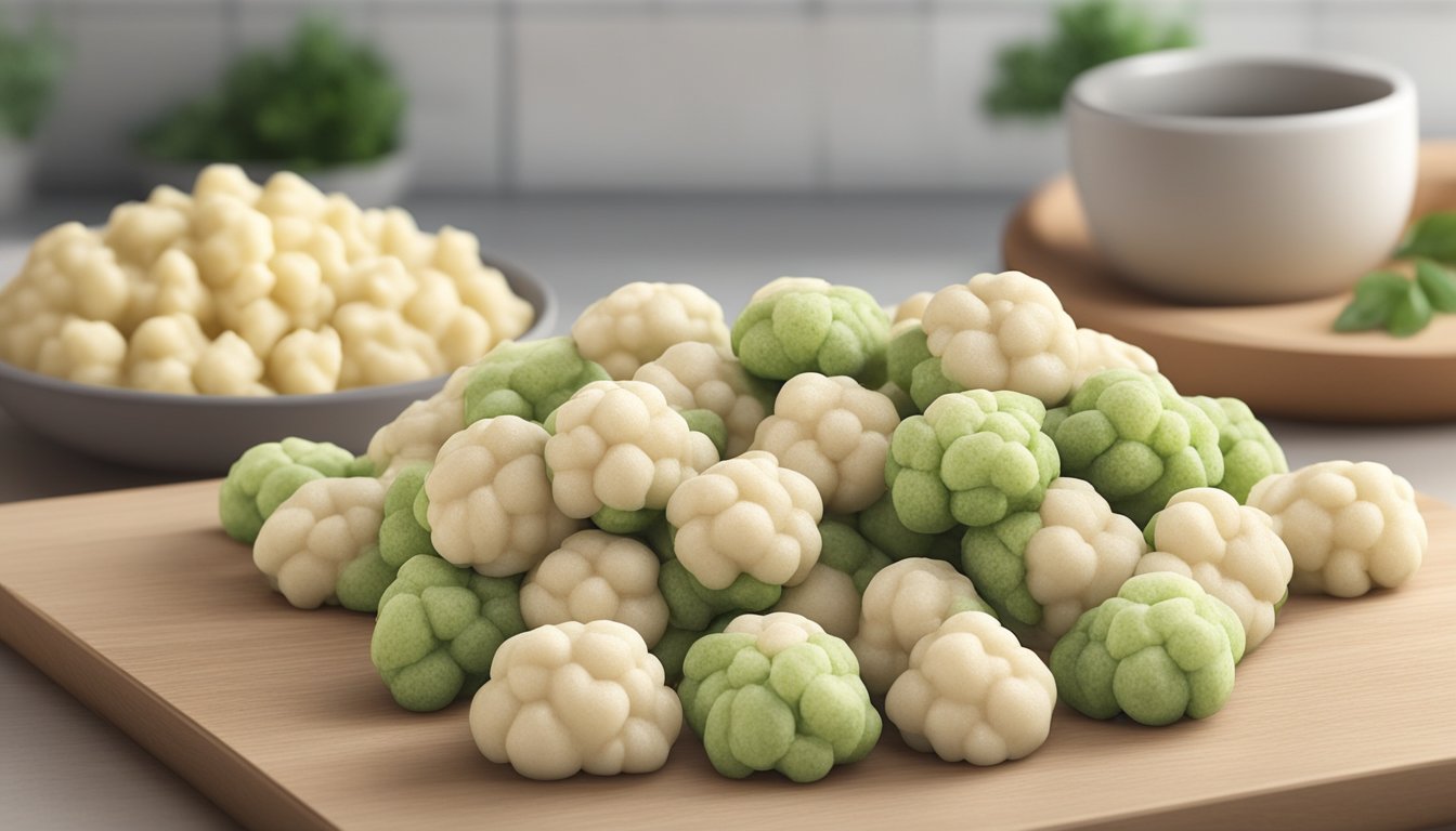 A package of gluten free cauliflower gnocchi with visible signs of spoilage, such as mold or discoloration, sitting on a kitchen counter