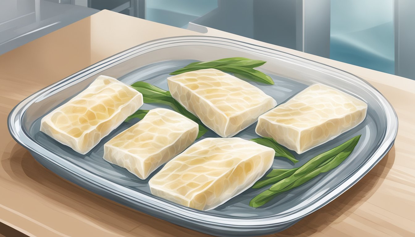 A plate of fresh gluten-free cod fillets, sealed in airtight packaging, sitting in a refrigerator