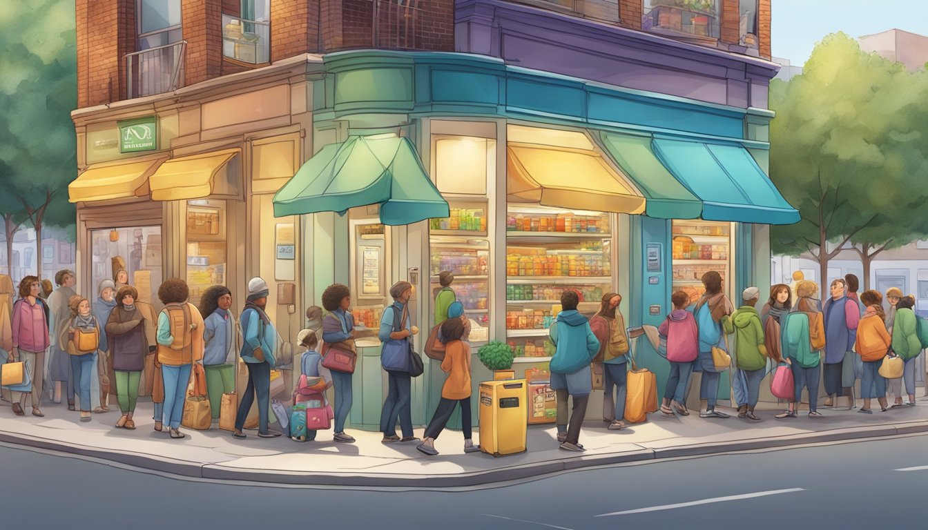 A bustling street corner with a colorful, well-stocked community fridge surrounded by people of all ages and backgrounds