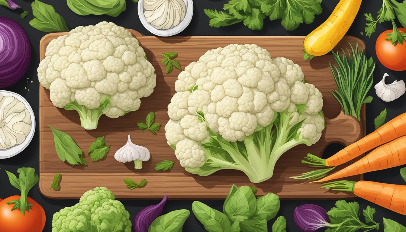 A row of fresh cauliflower steaks arranged on a wooden cutting board, surrounded by colorful vegetables and herbs, with a gluten-free label on the packaging