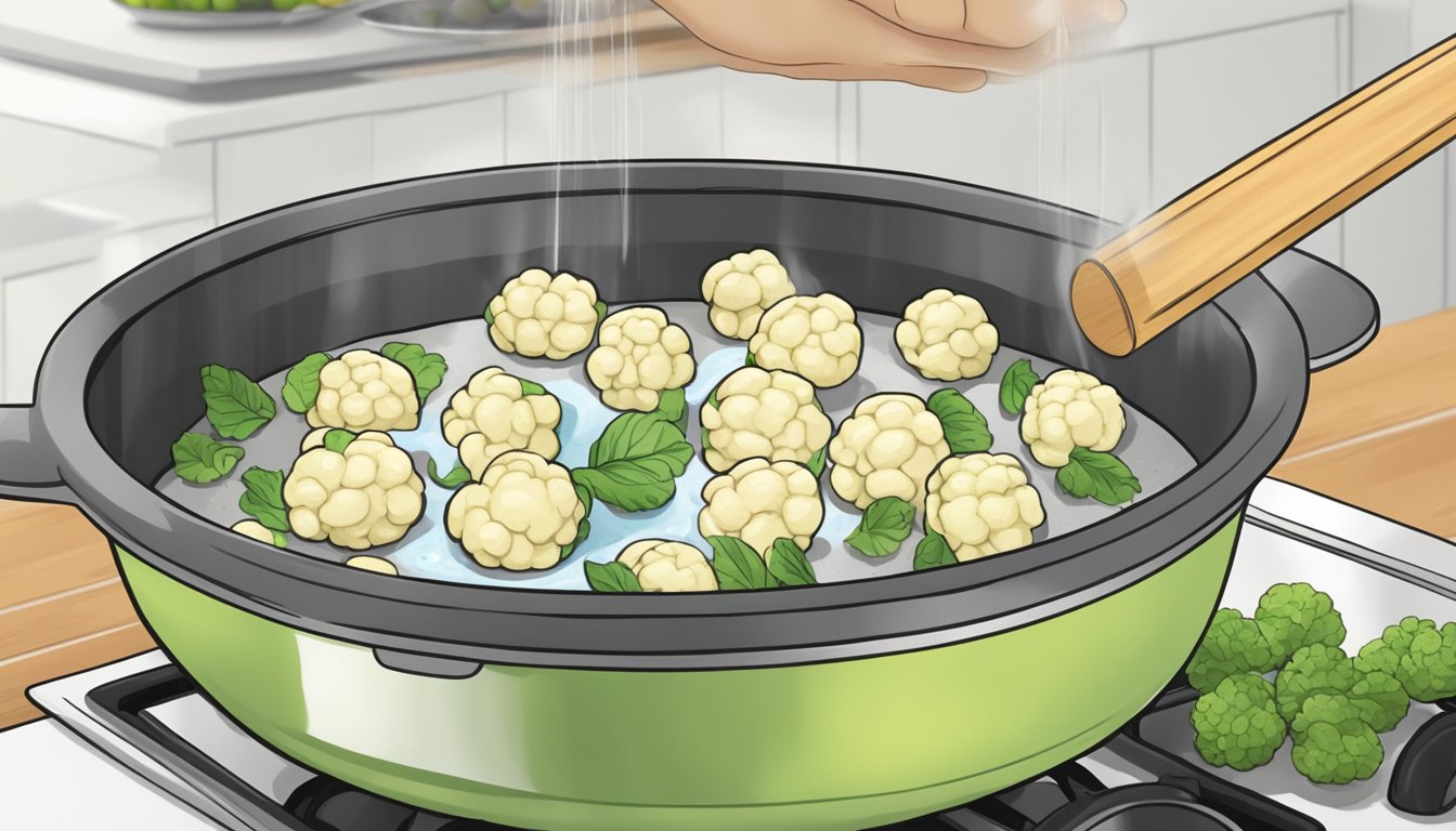 A pot of boiling water with gluten-free cauliflower gnocchi being dropped in, timer set