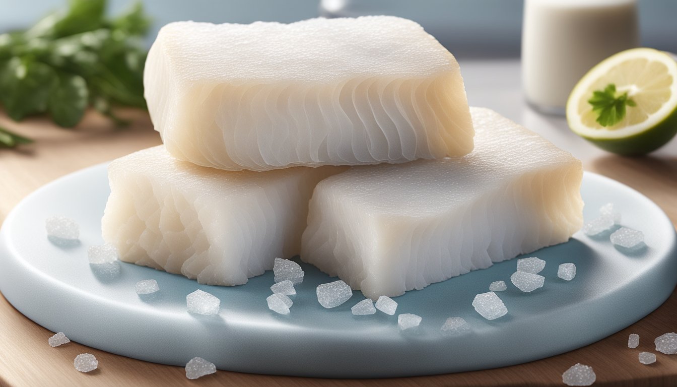 A stack of gluten-free cod fillets on a clean, white cutting board, with a few ice crystals still glistening on the surface