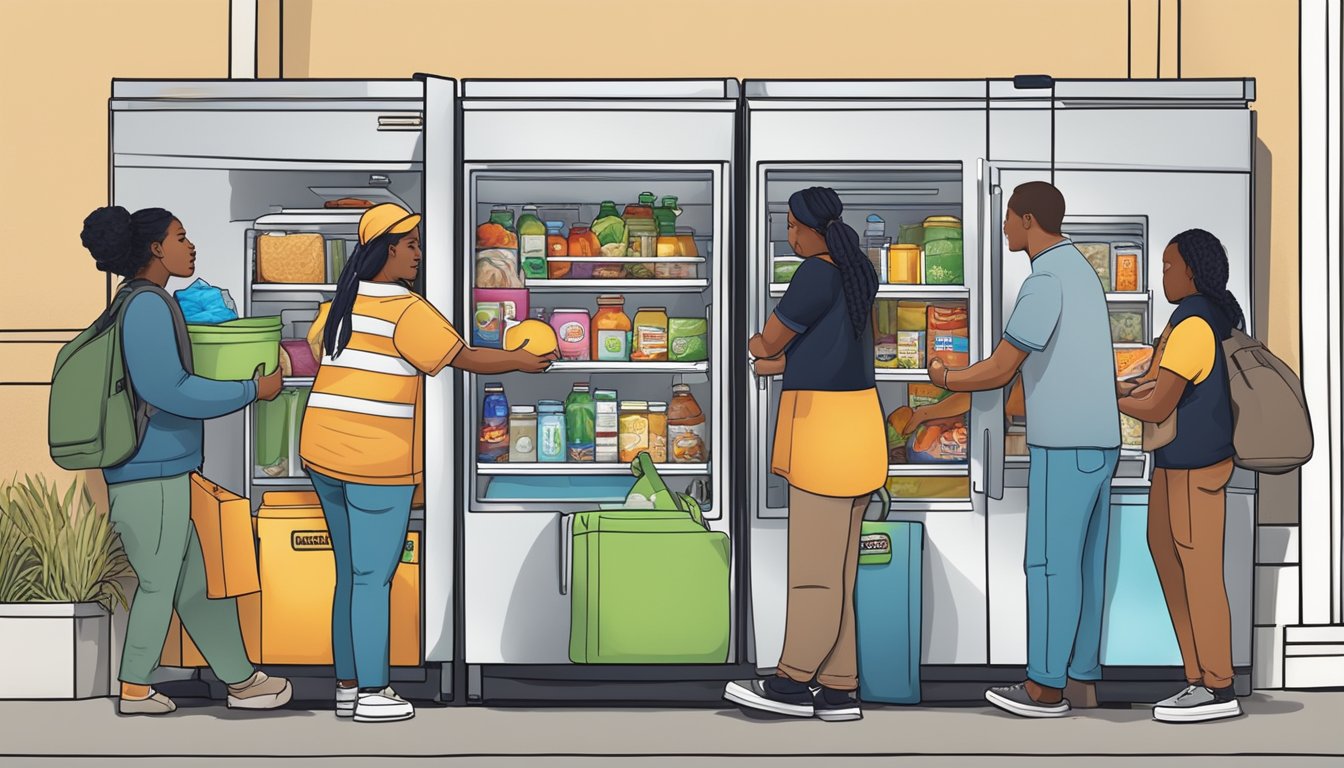 A diverse group of people donate and take items from the vibrant, well-organized community fridge, located in a bustling neighborhood in Mesquite, Texas