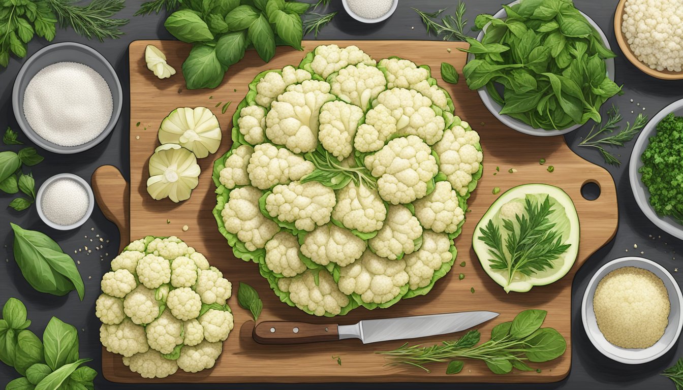 A stack of gluten-free cauliflower steaks on a cutting board, surrounded by fresh herbs and seasonings