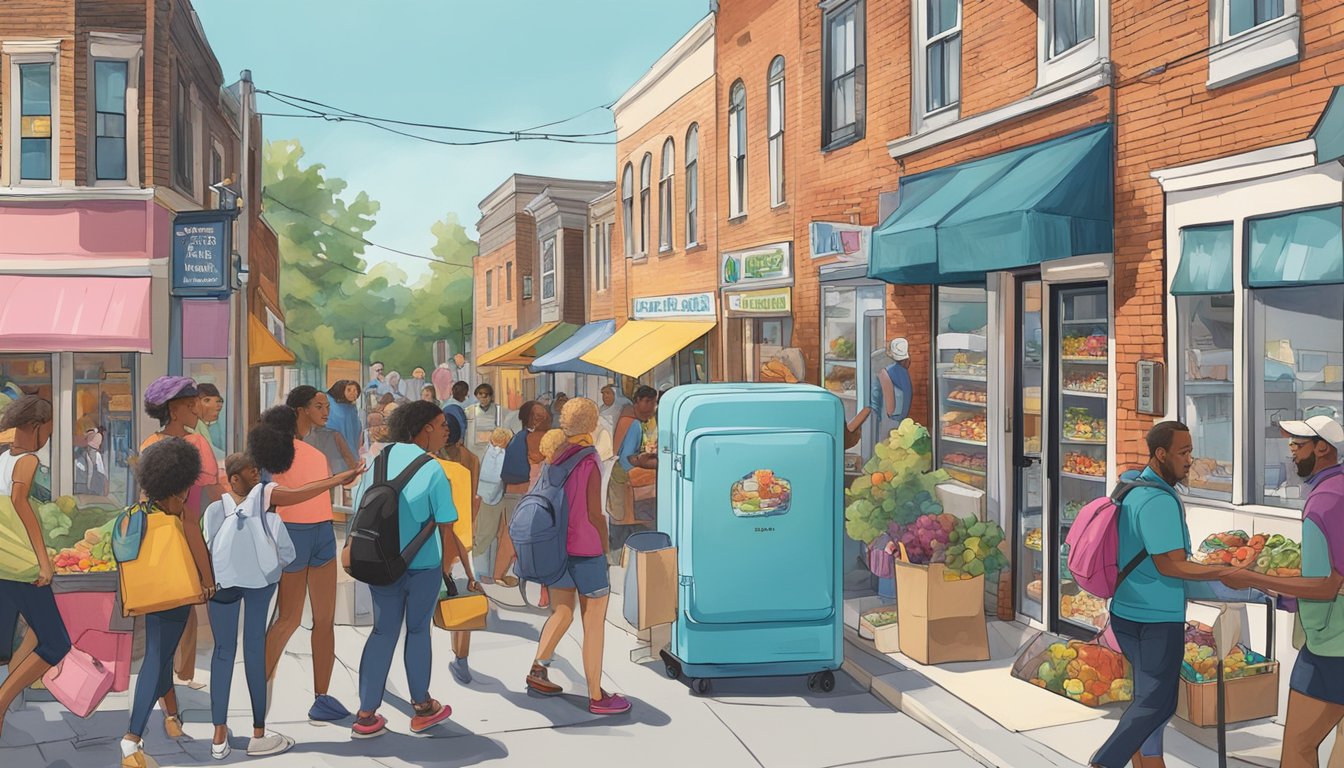 A bustling street in Norfolk, Virginia, with a colorful community fridge adorned with local artwork and surrounded by people exchanging food items