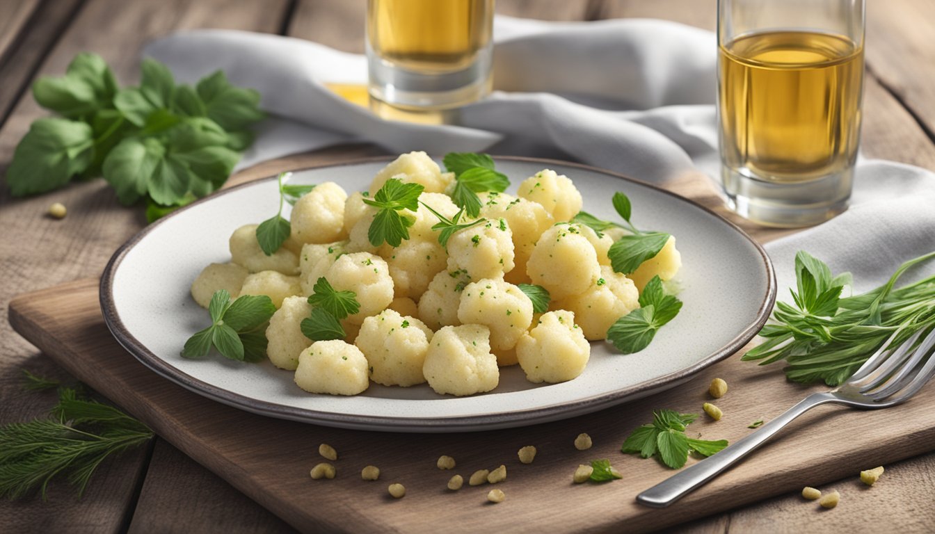 A plate of gluten-free cauliflower gnocchi with fresh herbs and a glass of white wine on a rustic wooden table