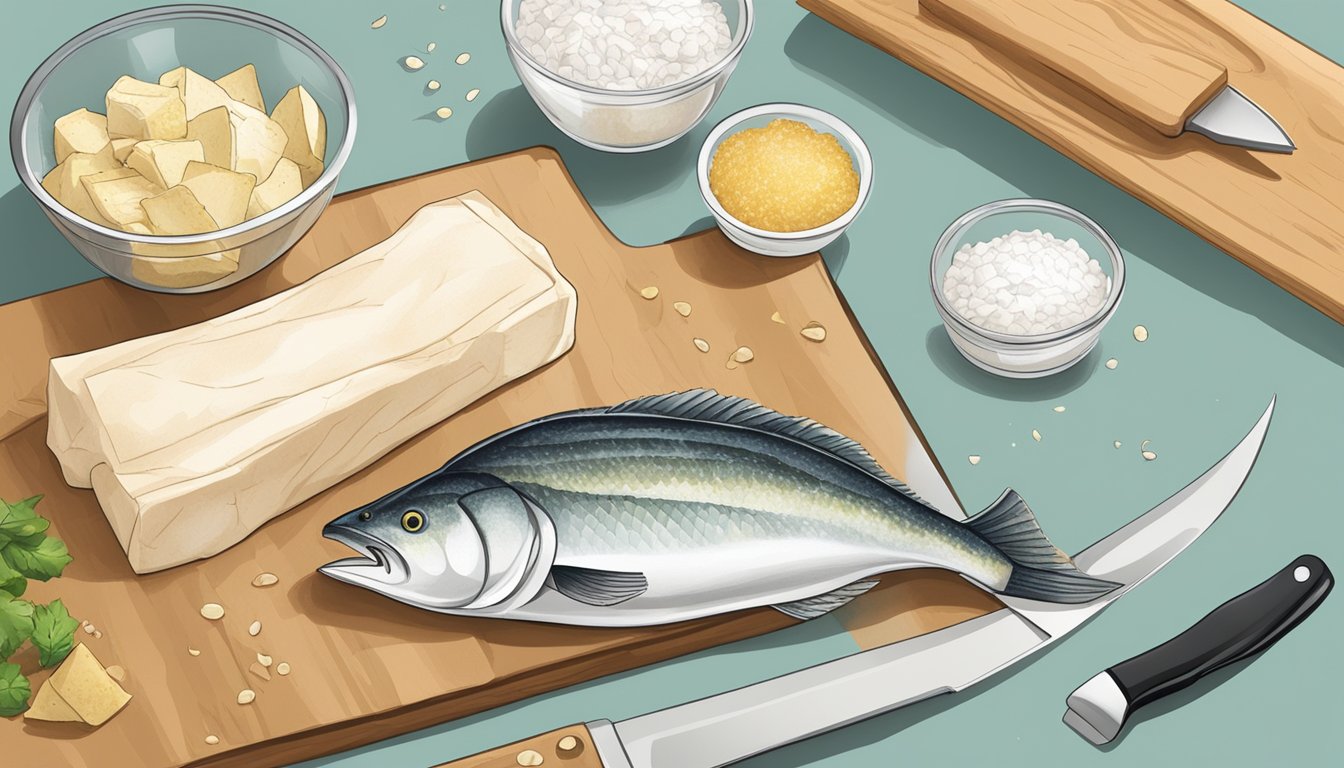 A kitchen counter with a package of gluten-free cod fillets, a knife, and a cutting board