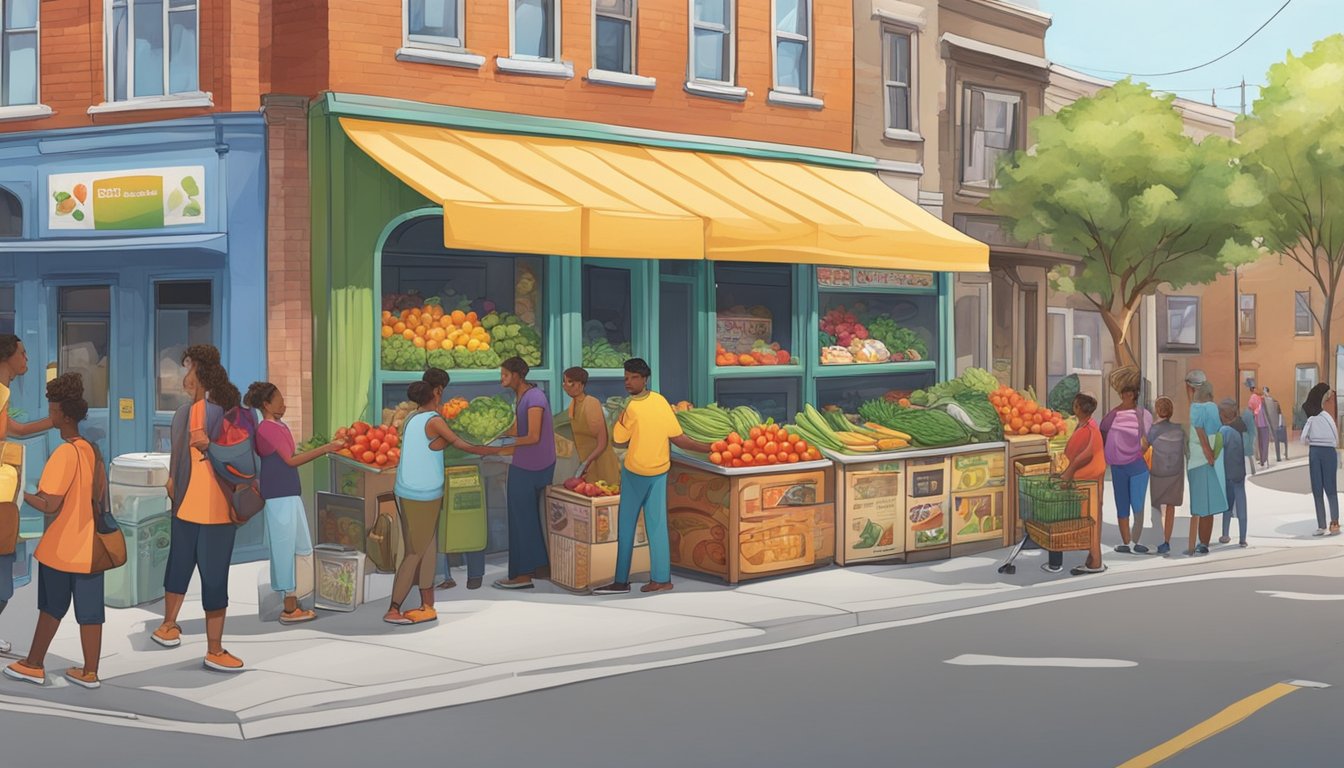 A bustling street corner with a colorful community fridge adorned with fresh produce and canned goods, surrounded by a diverse group of people exchanging food items