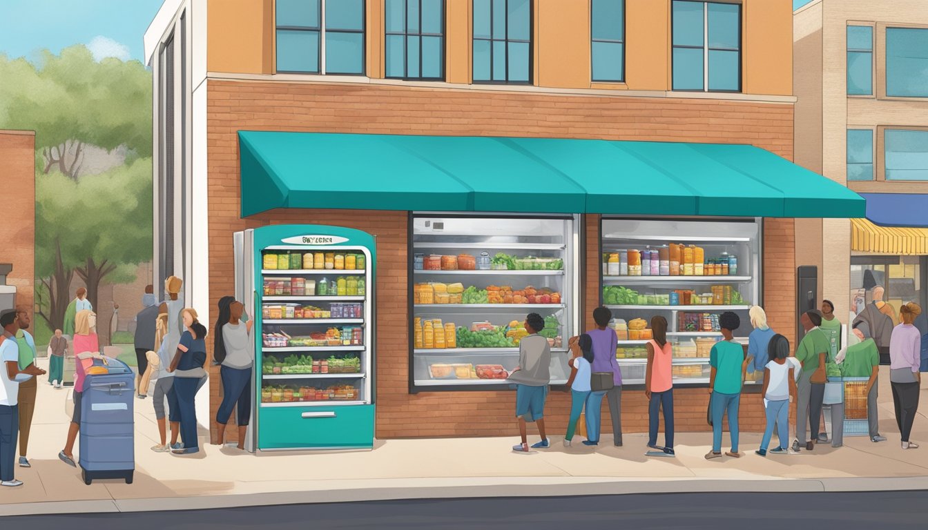 A bustling community fridge surrounded by diverse businesses and residents in Mesquite, TX