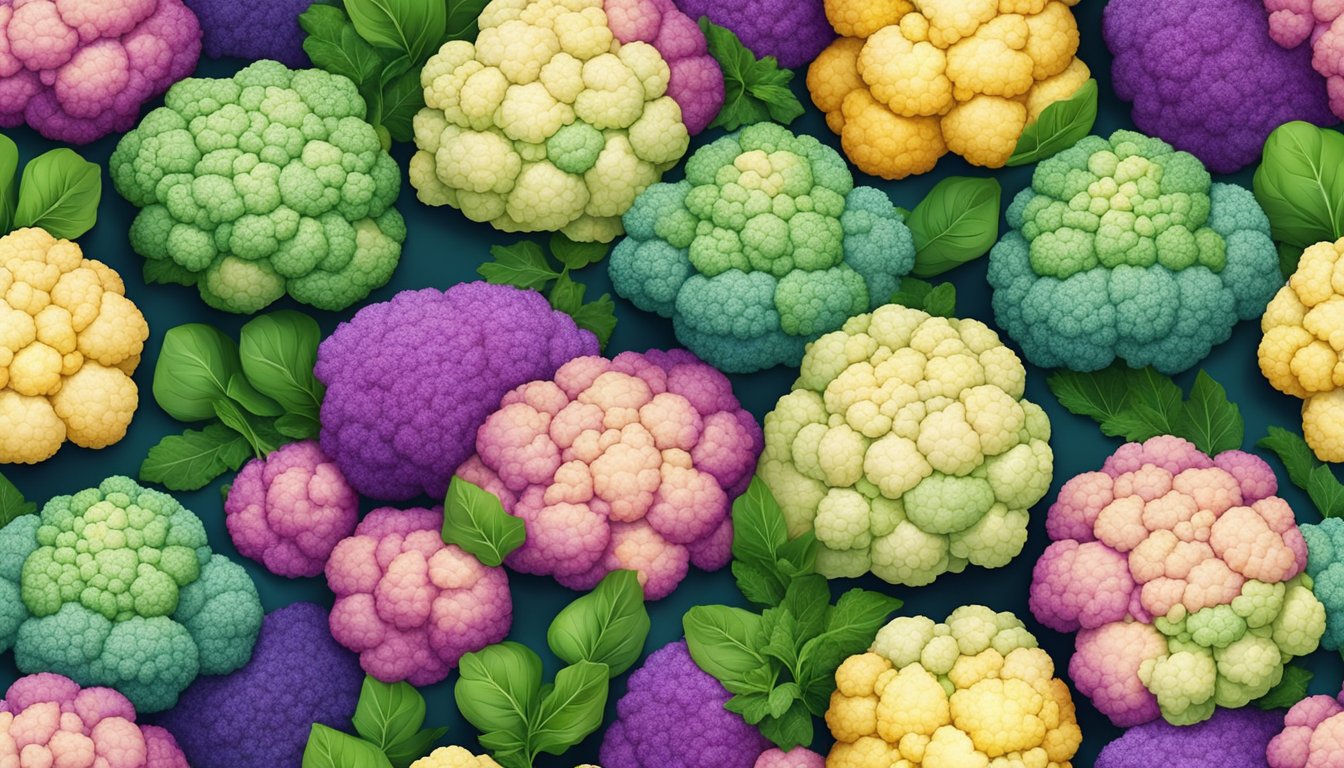 A colorful array of cauliflower steaks arranged in a circular pattern, surrounded by vibrant herbs and spices, with a soft, diffused light casting gentle shadows