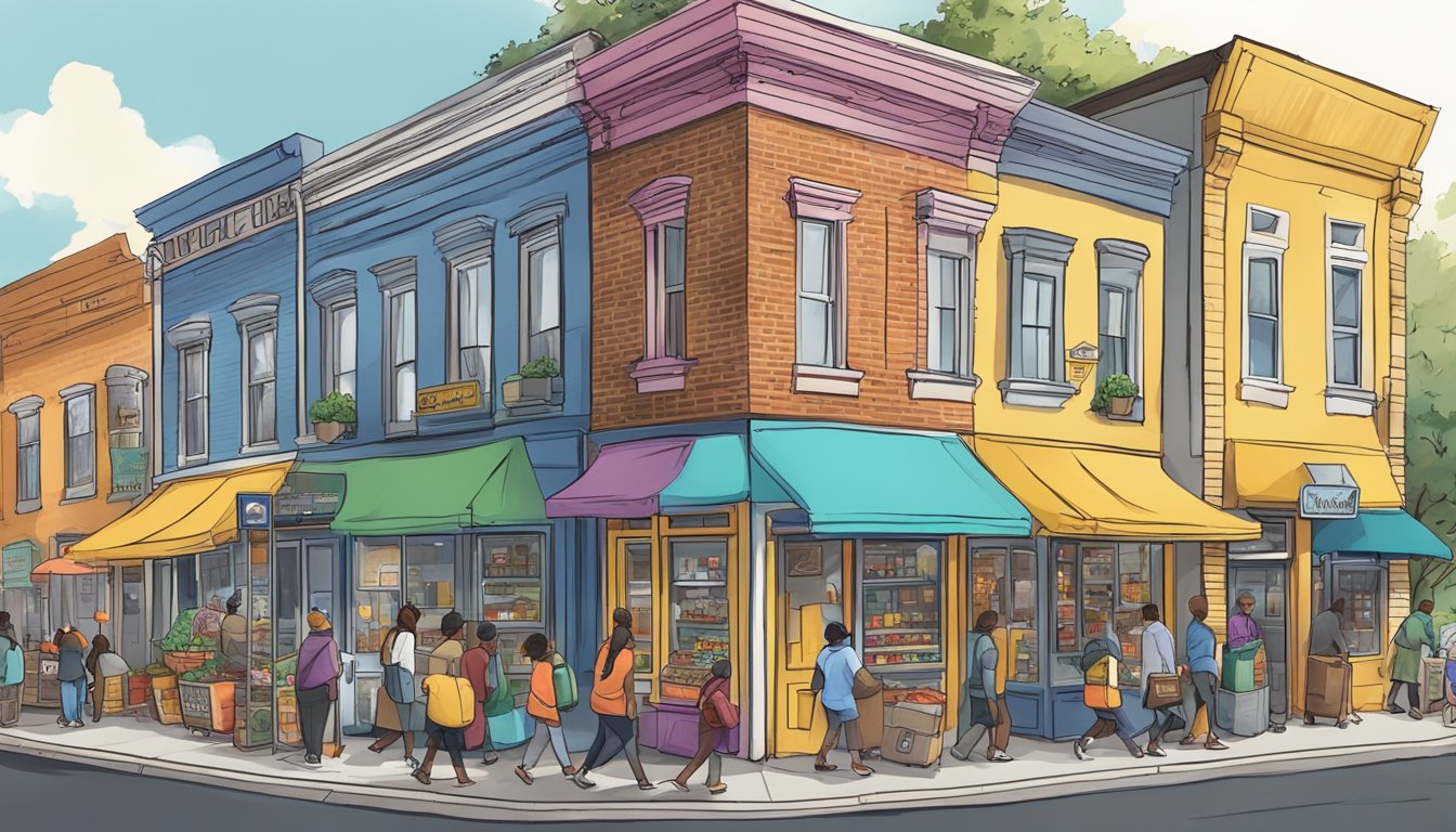 A bustling street corner in Norfolk, VA, with a colorful community fridge surrounded by people dropping off and picking up food items