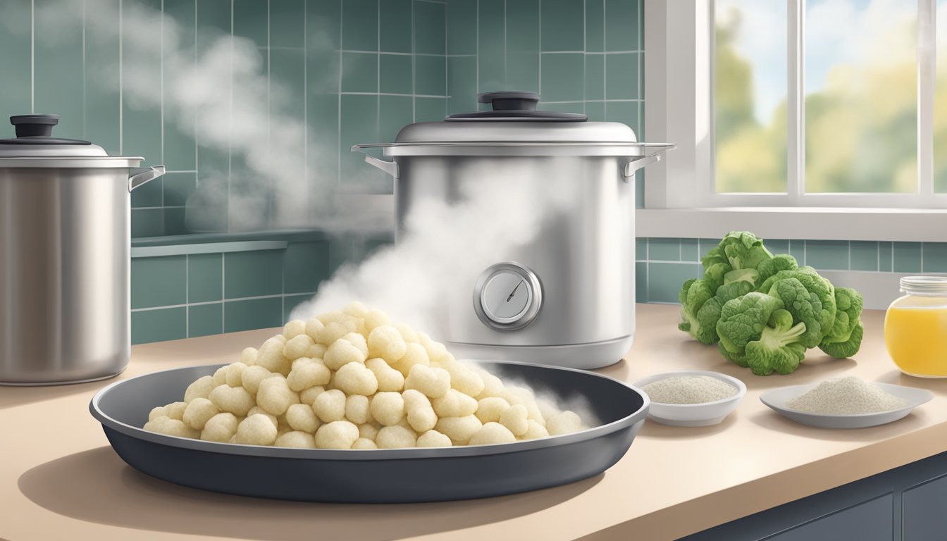 A container of gluten free cauliflower gnocchi sits sealed on a kitchen counter, with steam rising from the freshly cooked batch