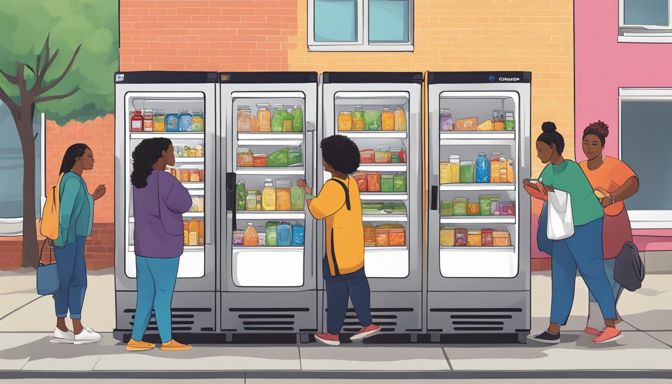 People accessing a brightly colored community fridge in Alexandria, VA. A diverse group of individuals contribute and take food items