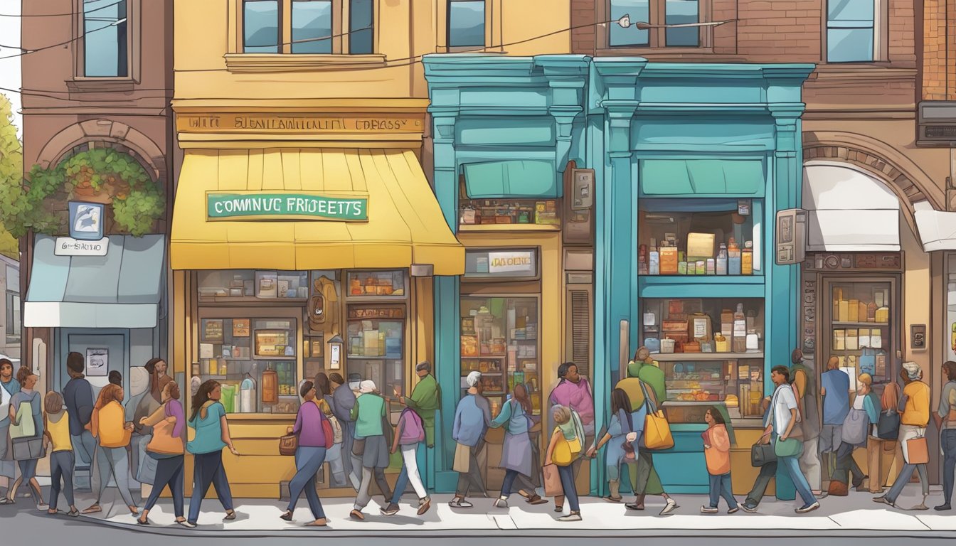 A bustling street corner with a colorful community fridge surrounded by diverse local businesses and people coming and going