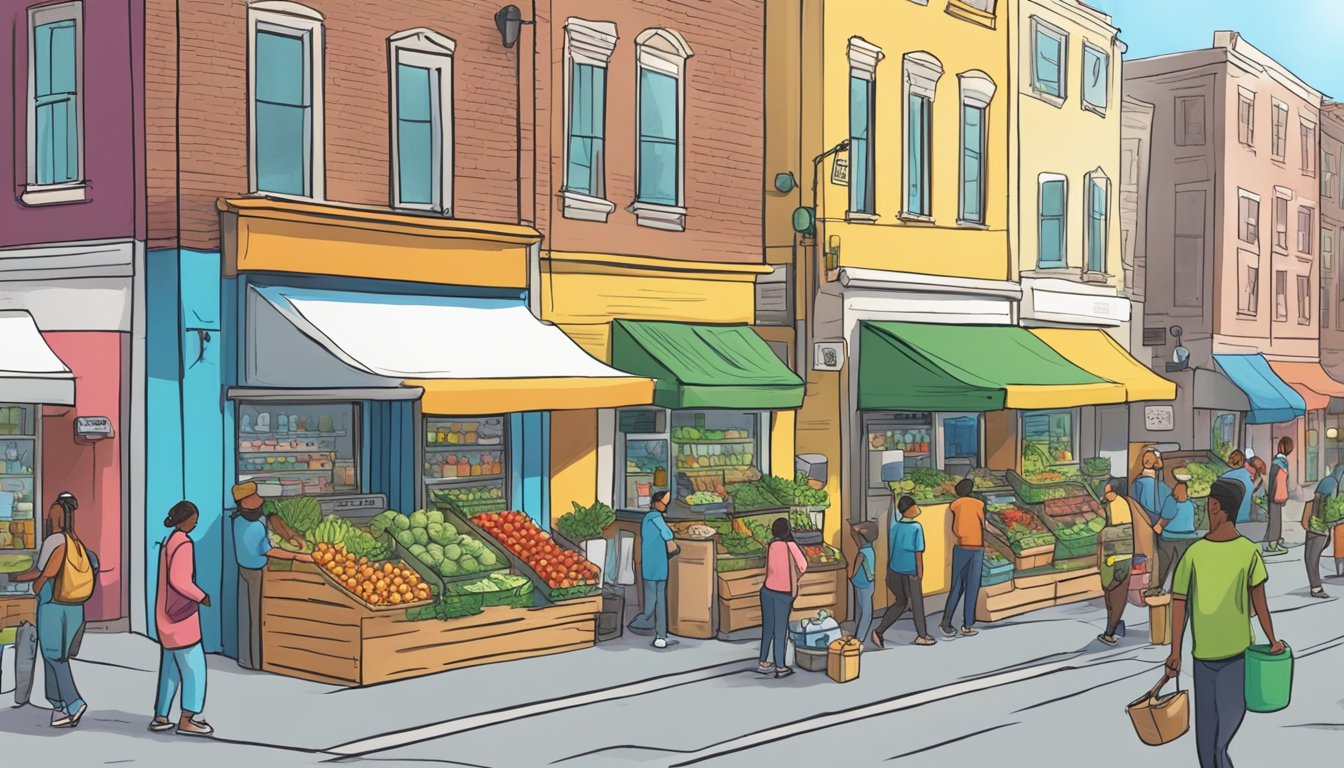 A bustling street corner with colorful community fridges filled with fresh produce, canned goods, and hygiene products. People from all walks of life stop to donate and take what they need